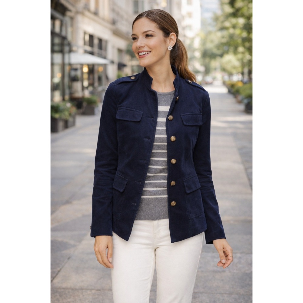 Talbots Velveteen Military Jacket‎ Band Collar Navy Blue Size 10